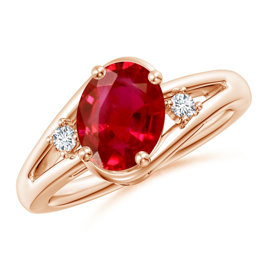 9x7mm AAA Ruby and Diamond Split Shank Ring in Rose Gold 