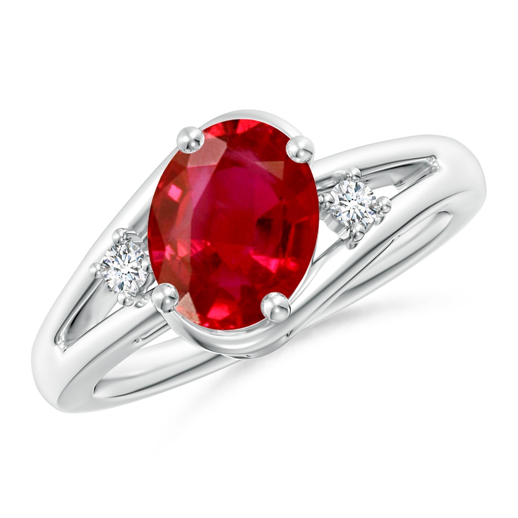 9x7mm AAA Ruby and Diamond Split Shank Ring in White Gold