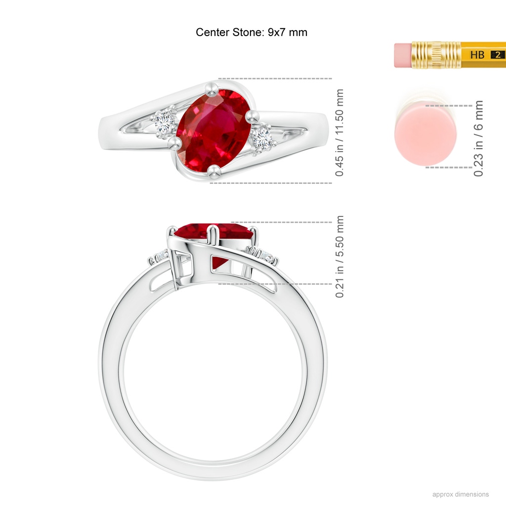 9x7mm AAA Ruby and Diamond Split Shank Ring in White Gold ruler