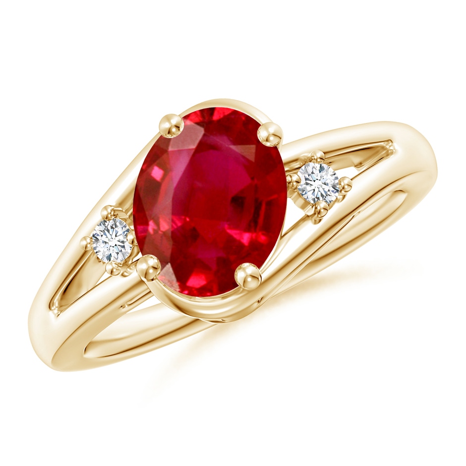 9x7mm AAA Ruby and Diamond Split Shank Ring in Yellow Gold 