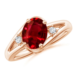 9x7mm AAAA Ruby and Diamond Split Shank Ring in 9K Rose Gold