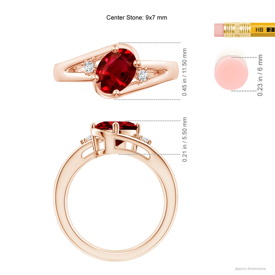 9x7mm AAAA Ruby and Diamond Split Shank Ring in Rose Gold ruler