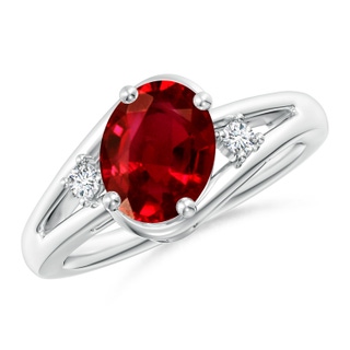9x7mm AAAA Ruby and Diamond Split Shank Ring in White Gold