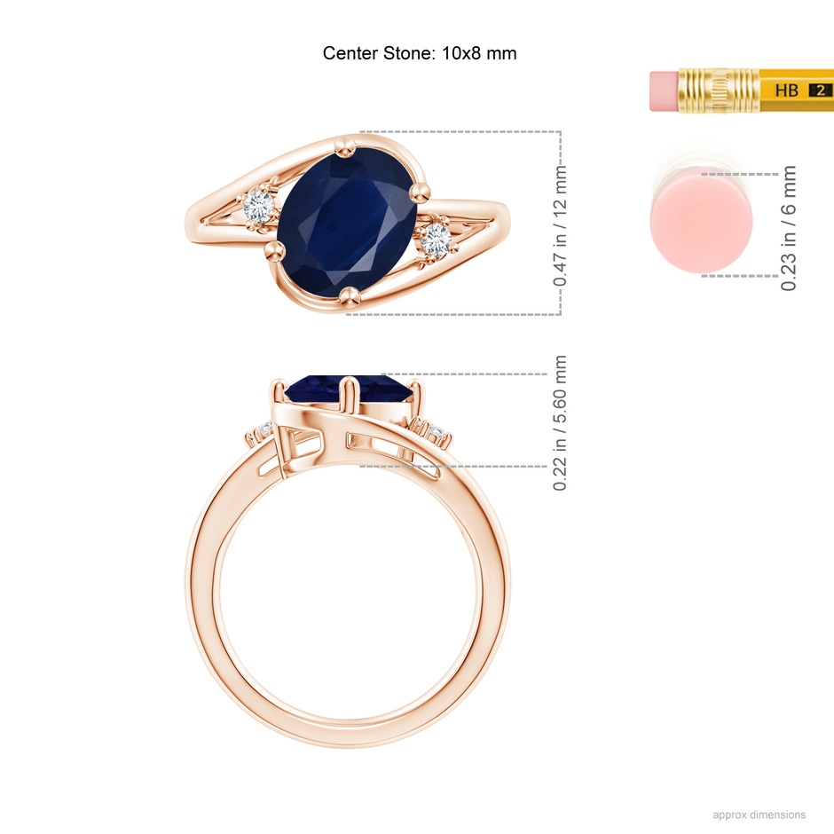 10x8mm A Blue Sapphire and Diamond Split Shank Ring in Rose Gold ruler