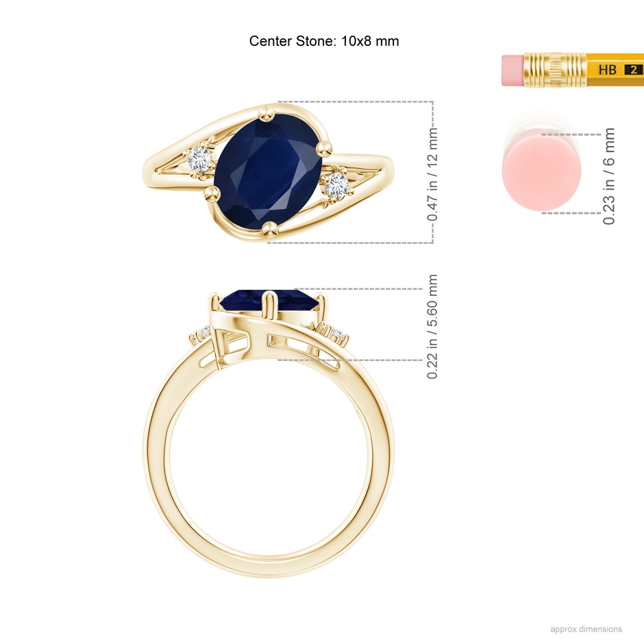 10x8mm A Blue Sapphire and Diamond Split Shank Ring in Yellow Gold ruler