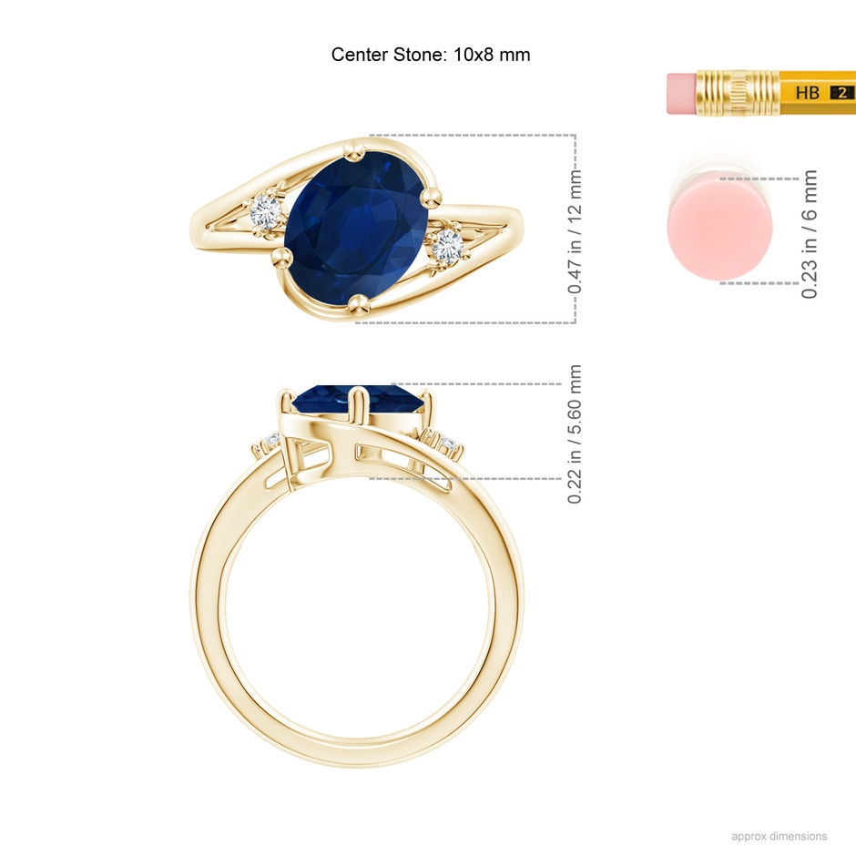 10x8mm AA Blue Sapphire and Diamond Split Shank Ring in Yellow Gold ruler
