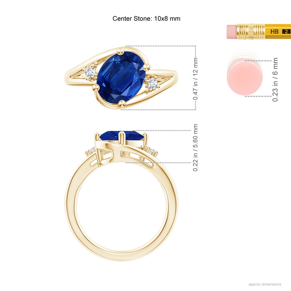 10x8mm AAA Blue Sapphire and Diamond Split Shank Ring in Yellow Gold ruler