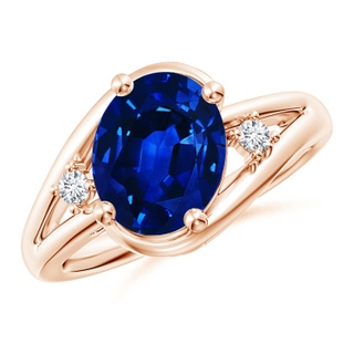 10x8mm AAAA Blue Sapphire and Diamond Split Shank Ring in 9K Rose Gold