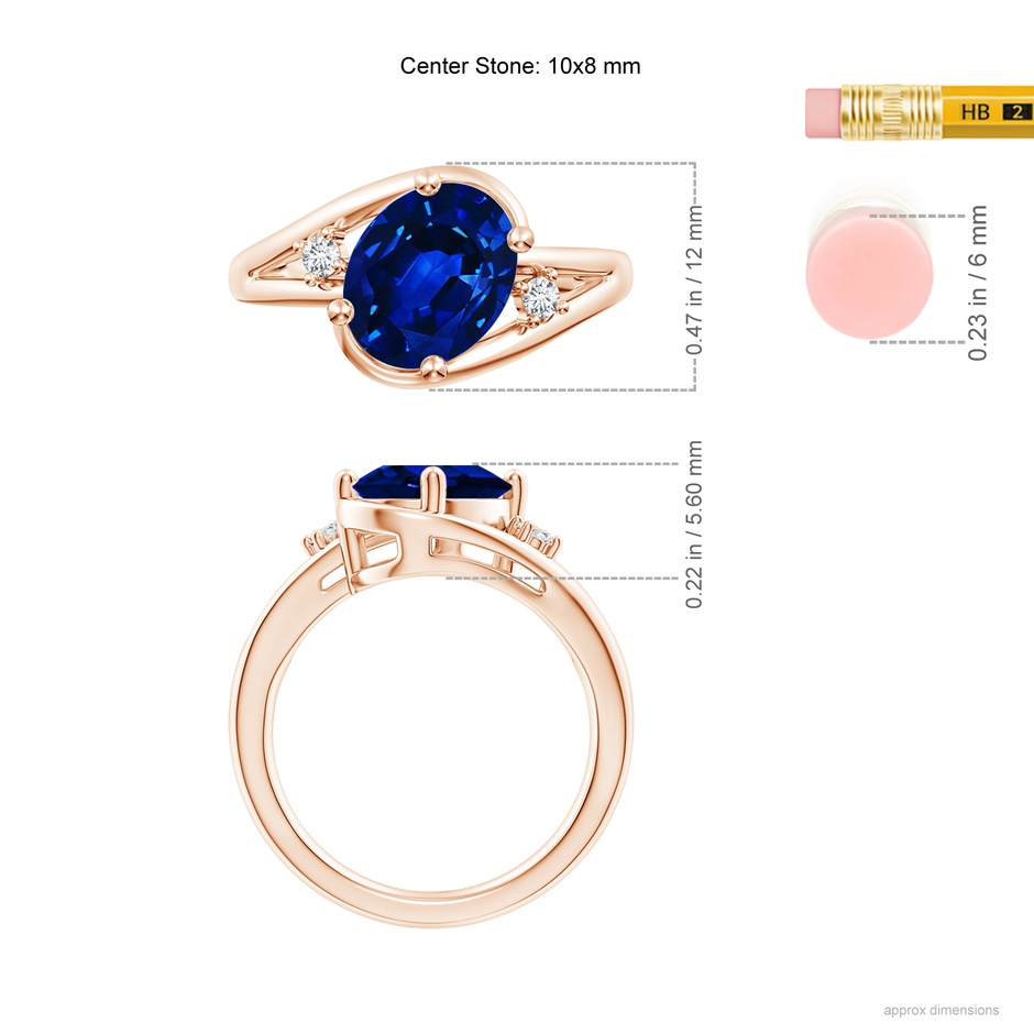 10x8mm AAAA Blue Sapphire and Diamond Split Shank Ring in Rose Gold ruler