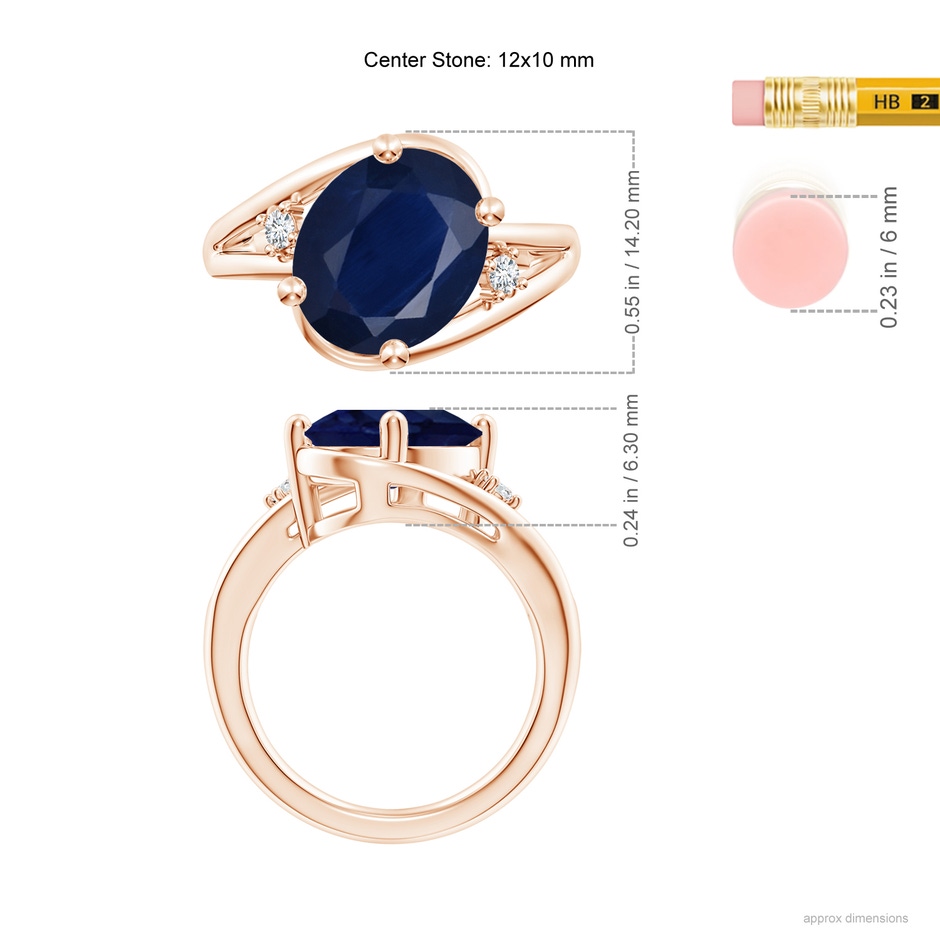 12x10mm A Blue Sapphire and Diamond Split Shank Ring in Rose Gold ruler