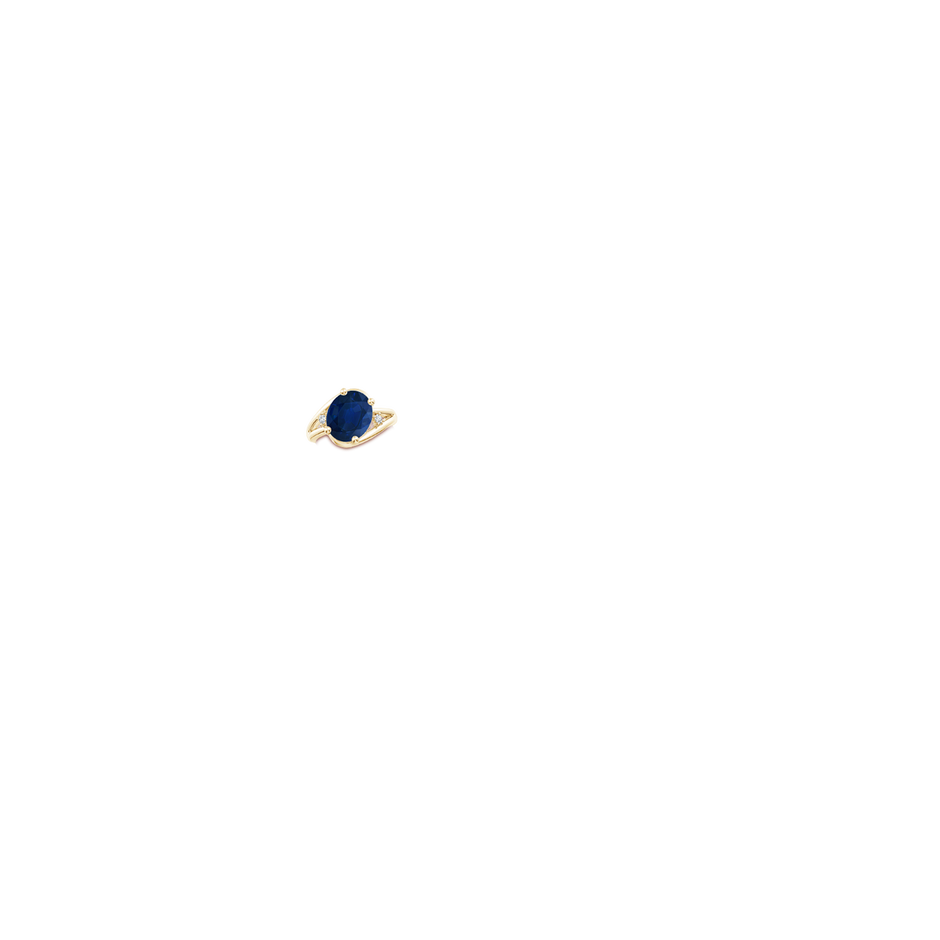 12x10mm AA Blue Sapphire and Diamond Split Shank Ring in Yellow Gold hand