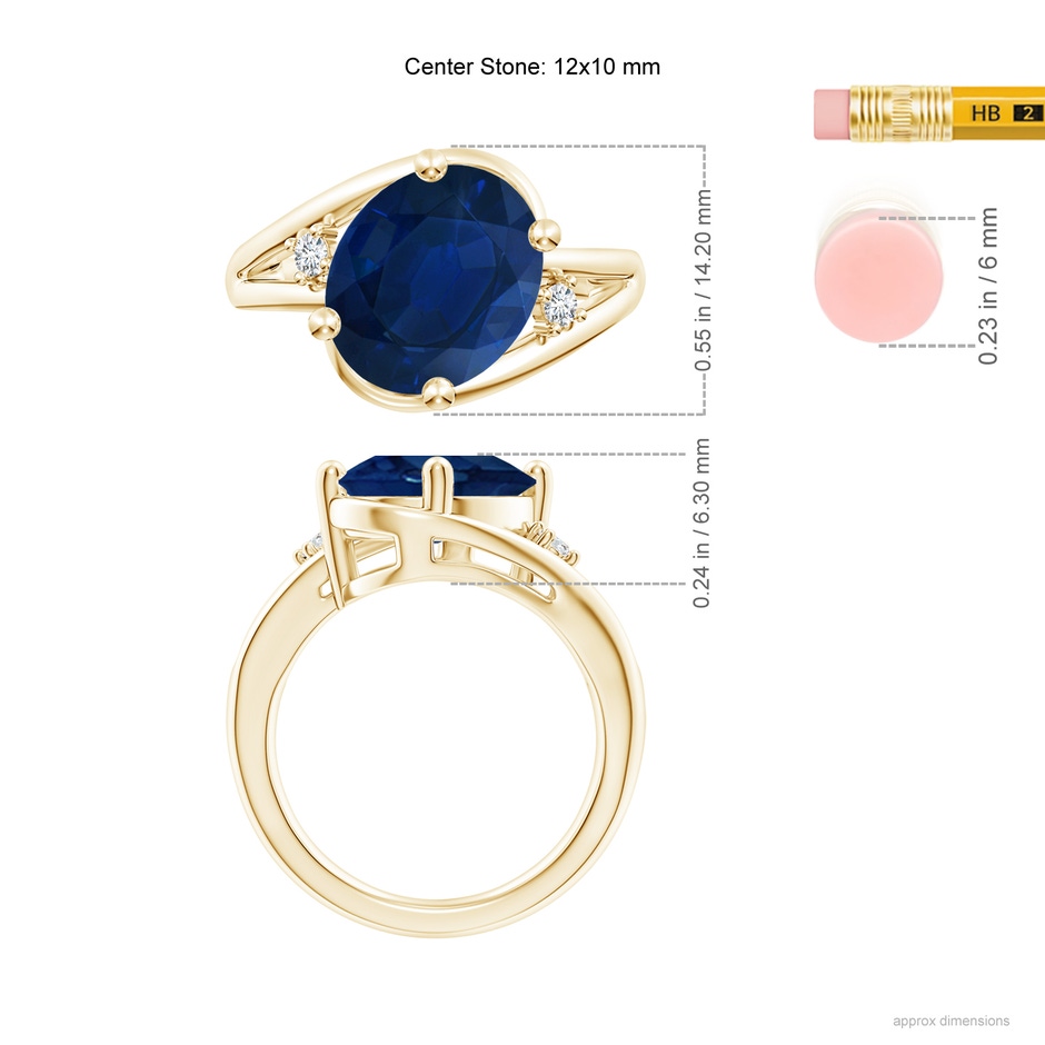 12x10mm AA Blue Sapphire and Diamond Split Shank Ring in Yellow Gold ruler