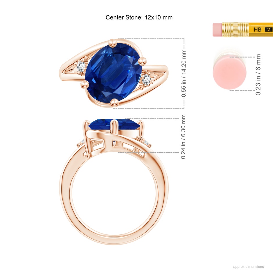 12x10mm AAA Blue Sapphire and Diamond Split Shank Ring in Rose Gold ruler