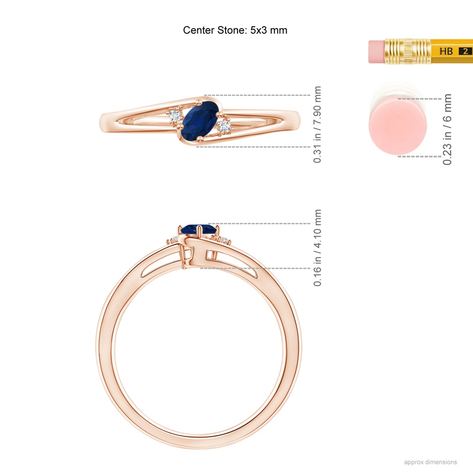5x3mm AA Blue Sapphire and Diamond Split Shank Ring in Rose Gold ruler