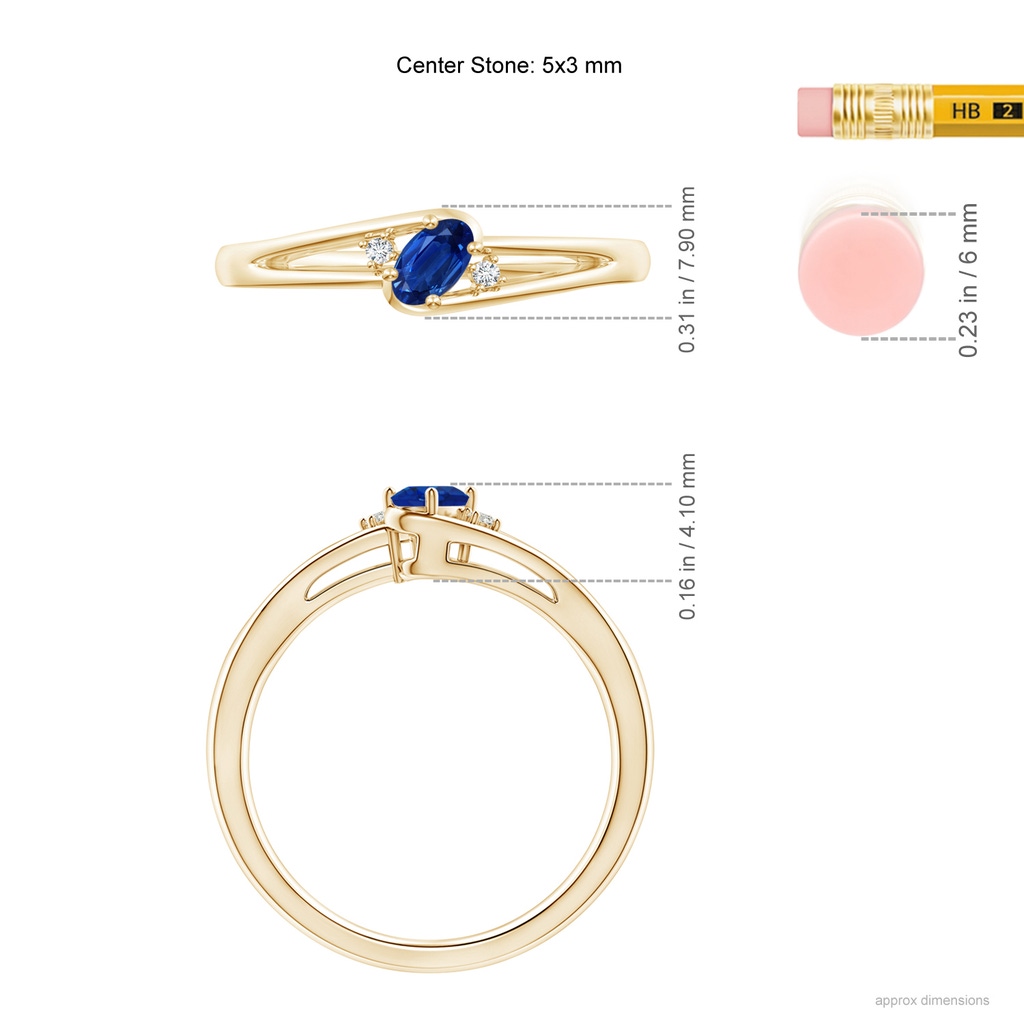 5x3mm AAA Blue Sapphire and Diamond Split Shank Ring in Yellow Gold ruler