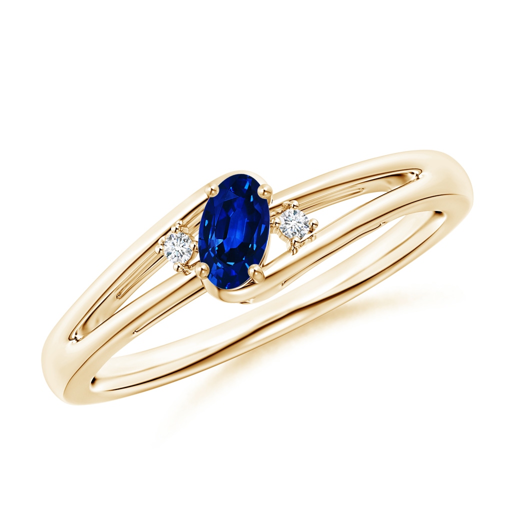 5x3mm AAAA Blue Sapphire and Diamond Split Shank Ring in Yellow Gold