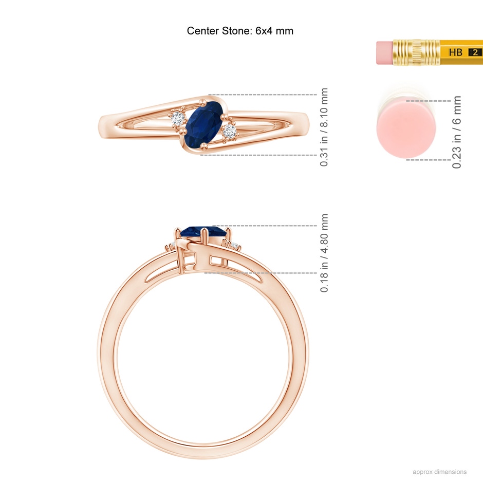 6x4mm AA Blue Sapphire and Diamond Split Shank Ring in Rose Gold ruler