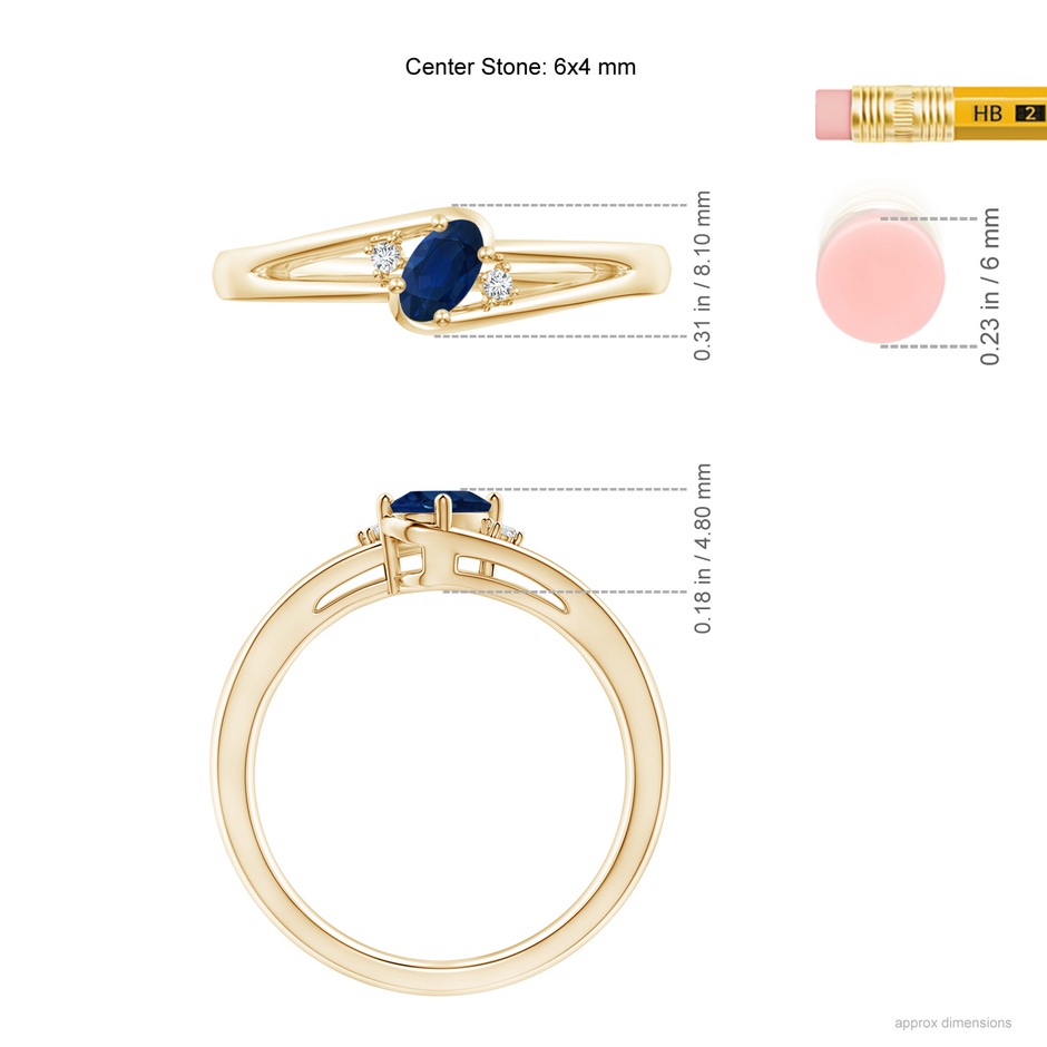 6x4mm AA Blue Sapphire and Diamond Split Shank Ring in Yellow Gold ruler