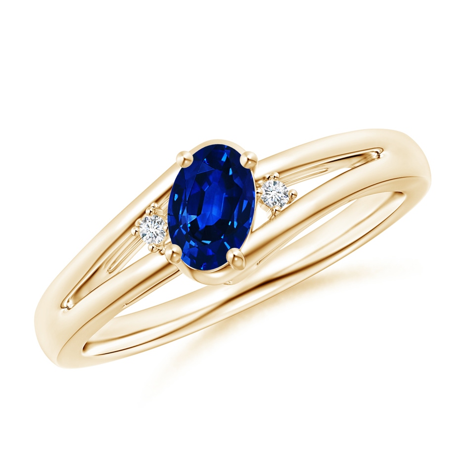 6x4mm AAAA Blue Sapphire and Diamond Split Shank Ring in Yellow Gold 