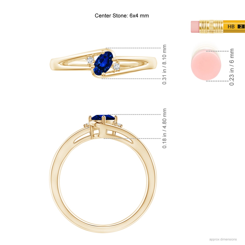 6x4mm AAAA Blue Sapphire and Diamond Split Shank Ring in Yellow Gold ruler