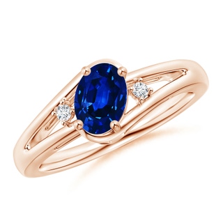 7x5mm AAAA Blue Sapphire and Diamond Split Shank Ring in 10K Rose Gold