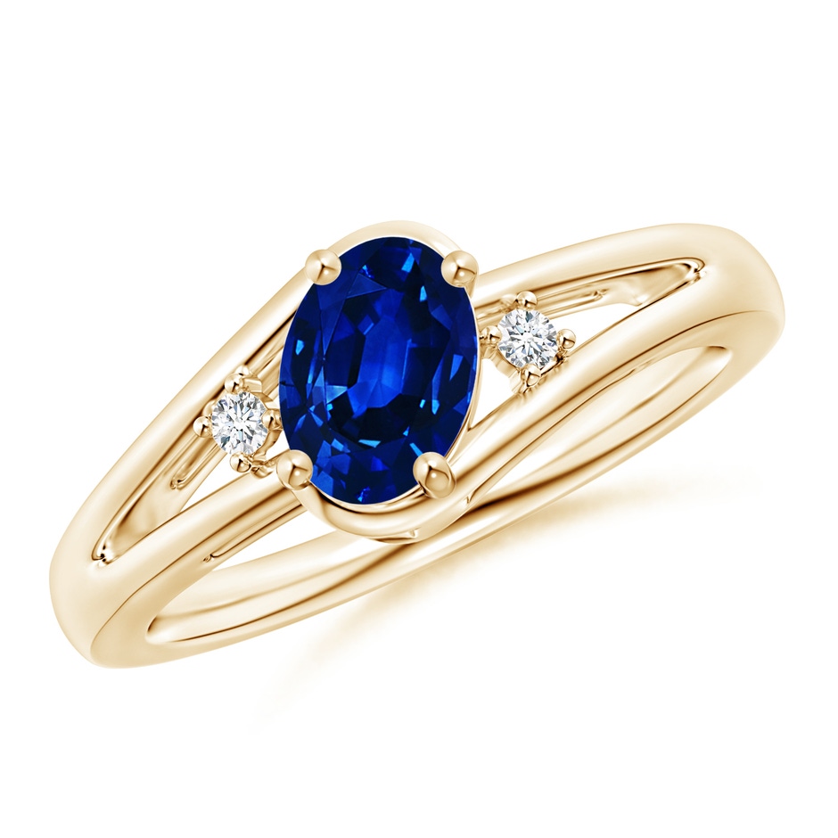7x5mm Lab-Grown Blue Sapphire and Diamond Split Shank Ring in 9K Yellow Gold 
