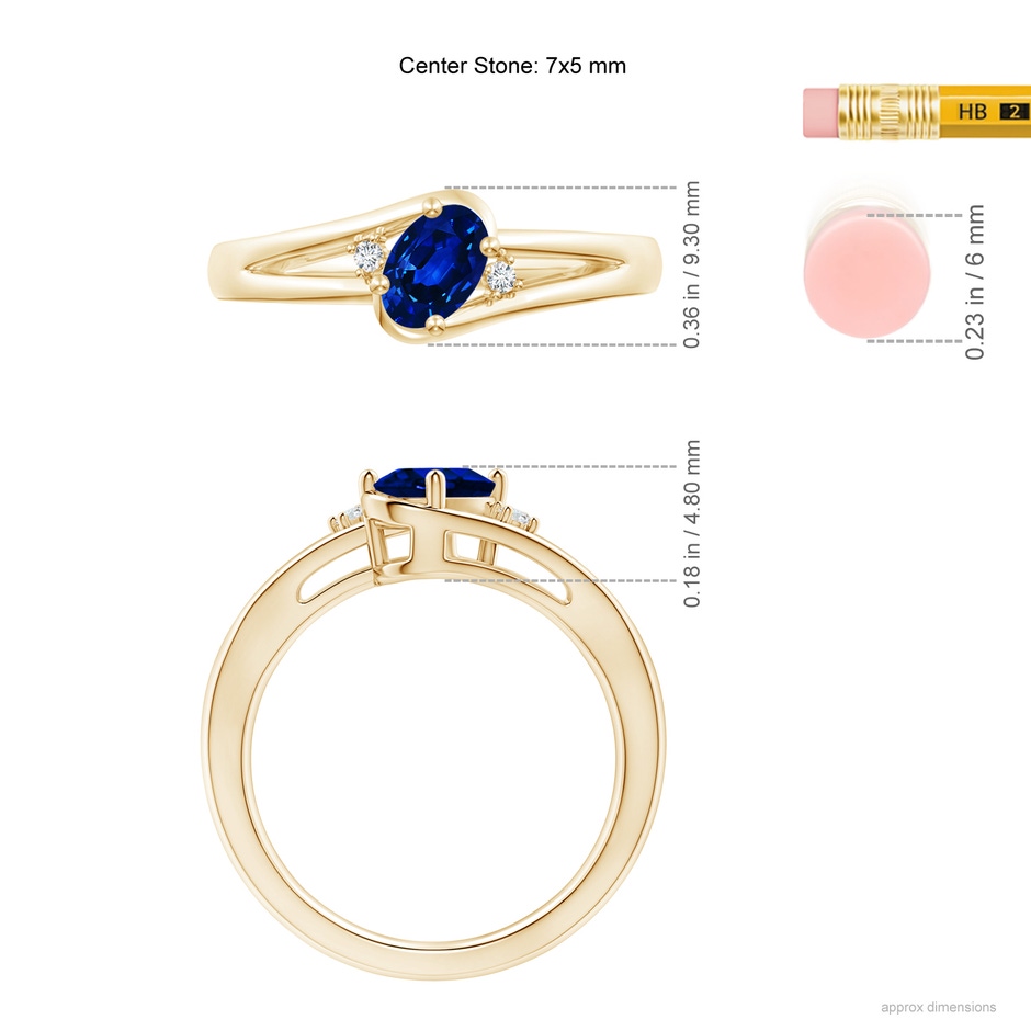 7x5mm Lab-Grown Blue Sapphire and Diamond Split Shank Ring in 9K Yellow Gold ruler