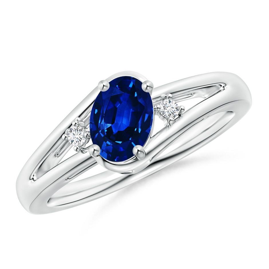 7x5mm Lab-Grown Blue Sapphire and Diamond Split Shank Ring in White Gold 