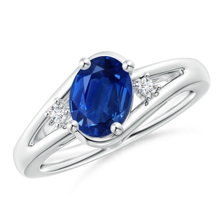 8x6mm AAA Blue Sapphire and Diamond Split Shank Ring in White Gold