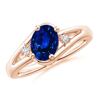 8x6mm AAAA Blue Sapphire and Diamond Split Shank Ring in 9K Rose Gold