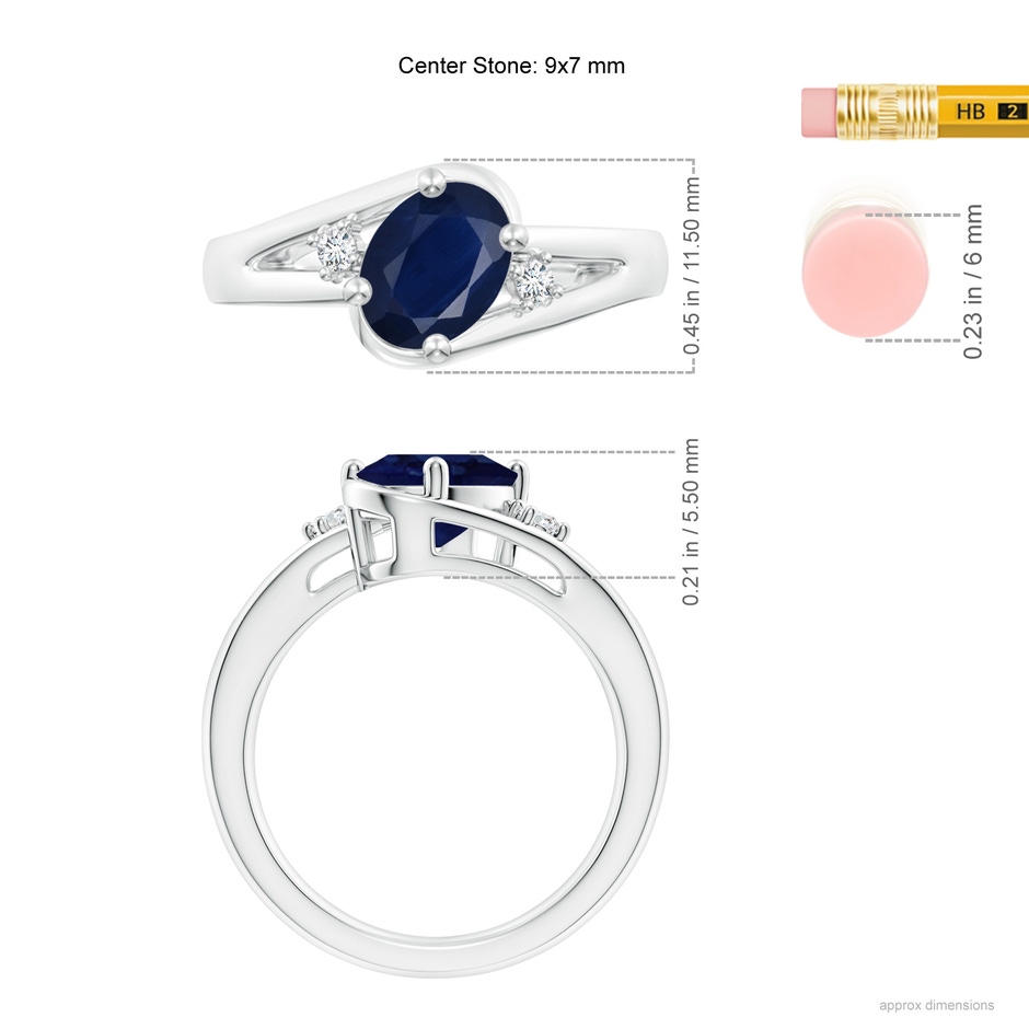 9x7mm A Blue Sapphire and Diamond Split Shank Ring in P950 Platinum ruler