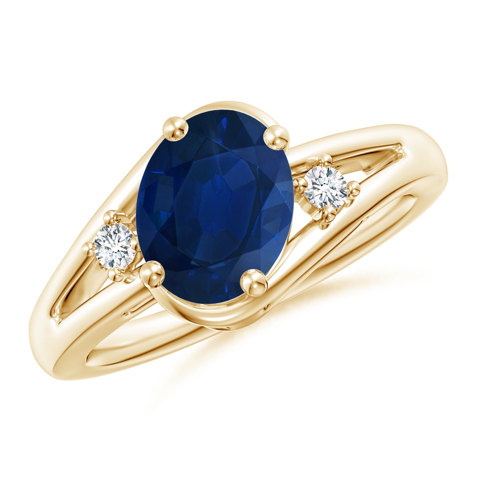 9x7mm AA Blue Sapphire and Diamond Split Shank Ring in Yellow Gold 