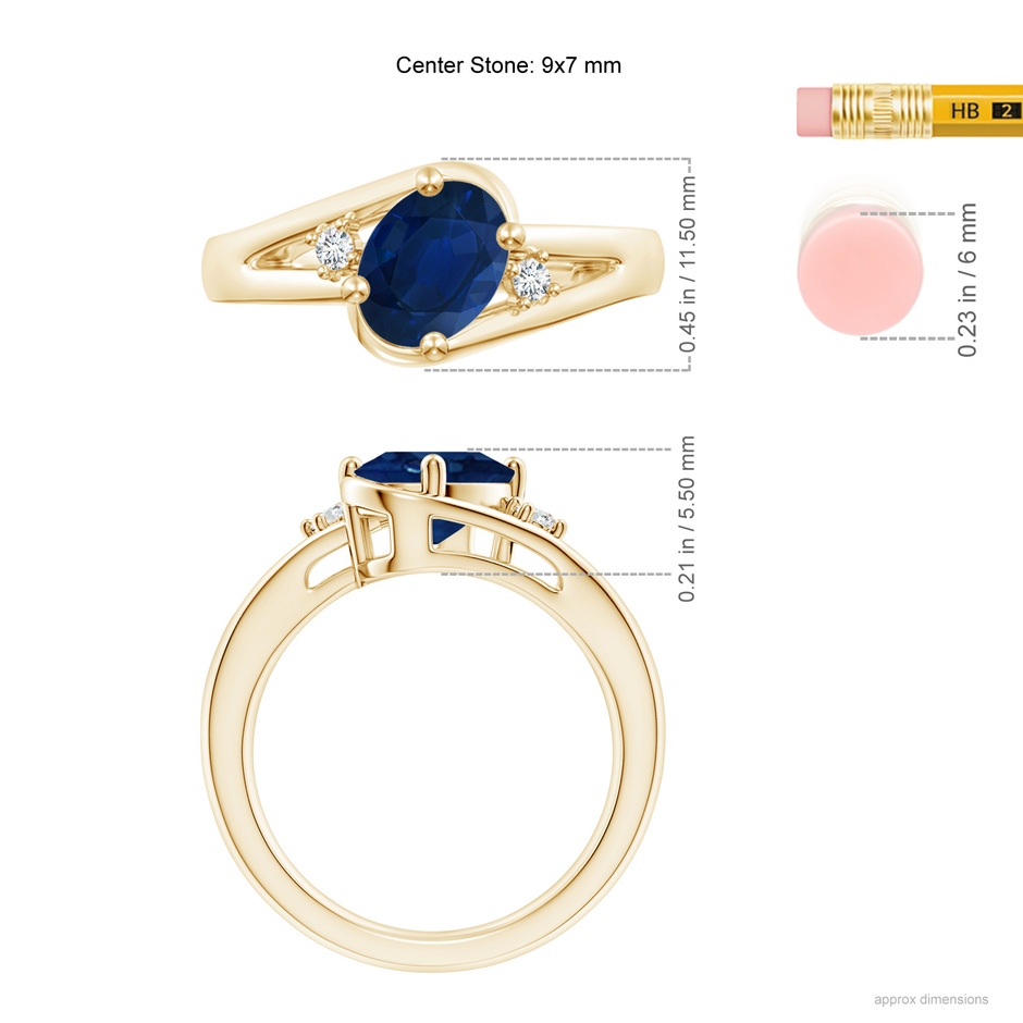 9x7mm AA Blue Sapphire and Diamond Split Shank Ring in Yellow Gold ruler