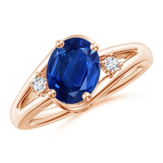 9x7mm AAA Blue Sapphire and Diamond Split Shank Ring in Rose Gold