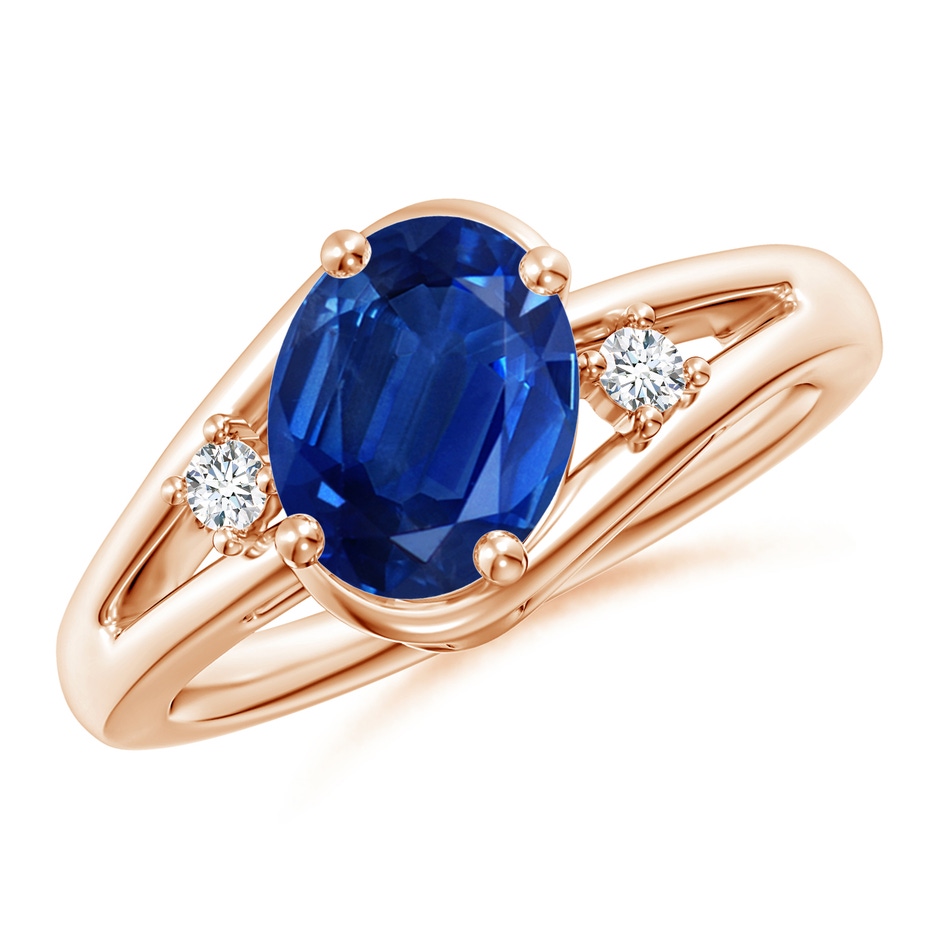 9x7mm AAA Blue Sapphire and Diamond Split Shank Ring in Rose Gold 