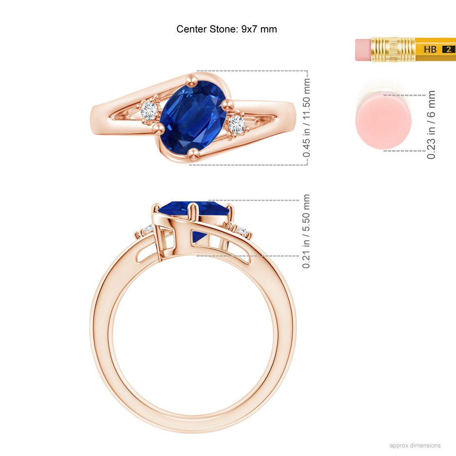 9x7mm AAA Blue Sapphire and Diamond Split Shank Ring in Rose Gold ruler