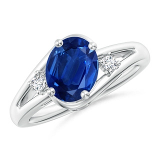 9x7mm AAA Blue Sapphire and Diamond Split Shank Ring in White Gold