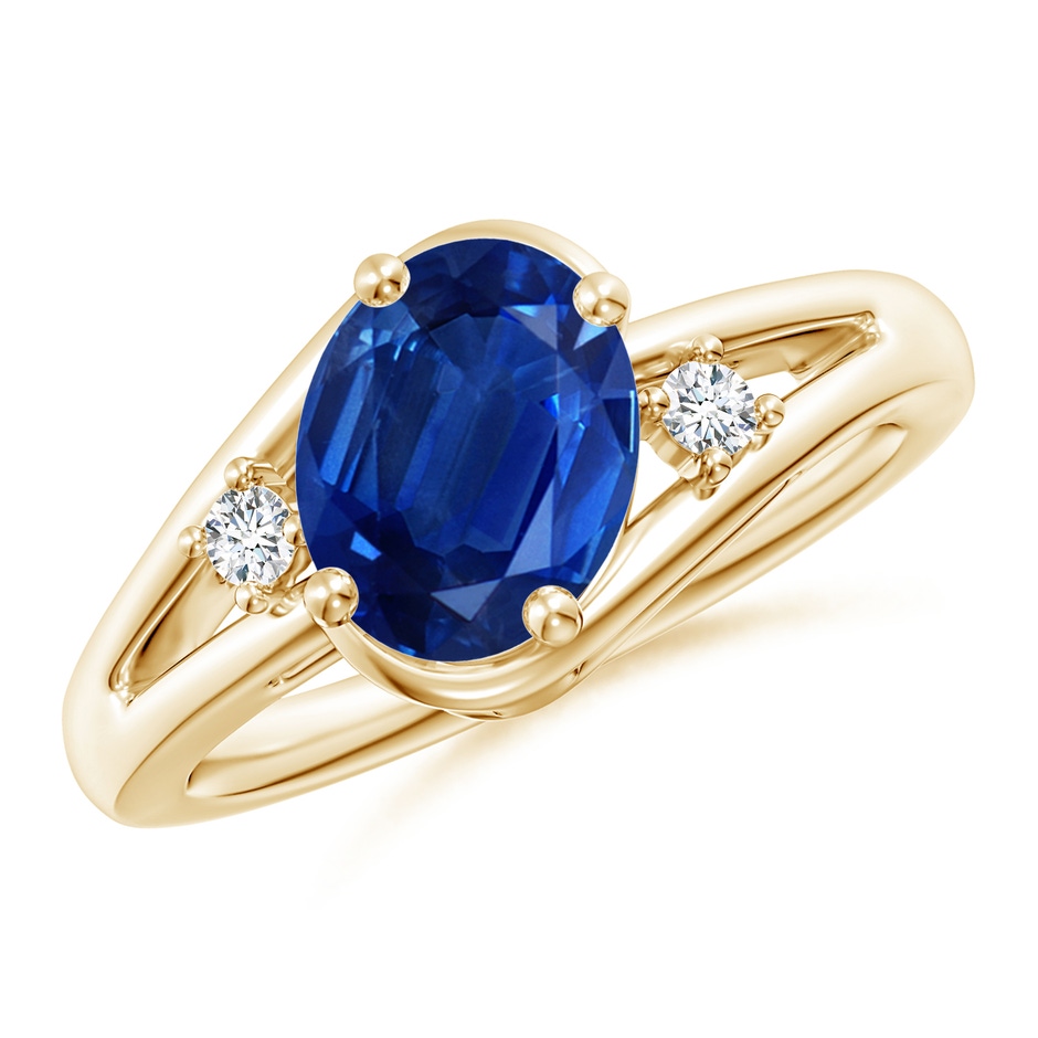 9x7mm AAA Blue Sapphire and Diamond Split Shank Ring in Yellow Gold 