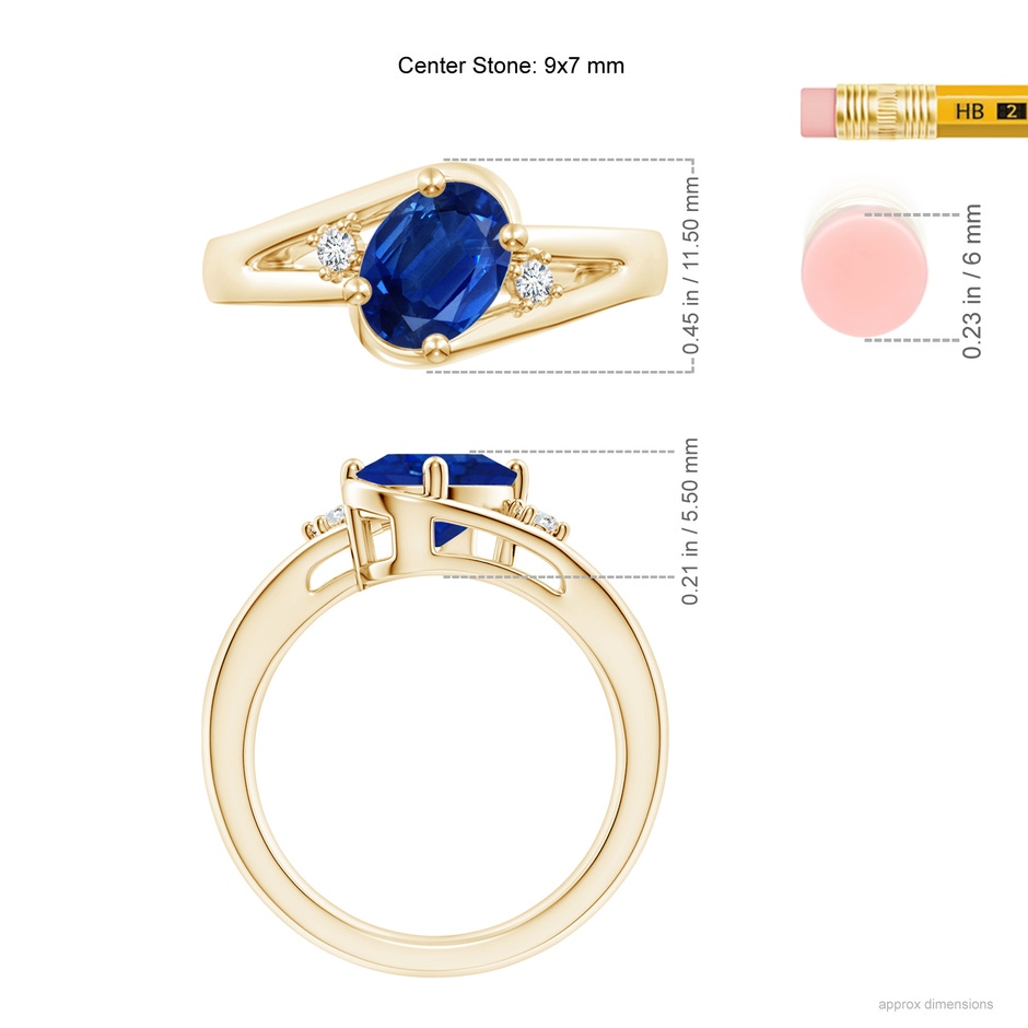 9x7mm AAA Blue Sapphire and Diamond Split Shank Ring in Yellow Gold ruler