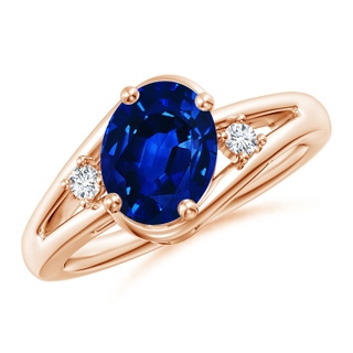 9x7mm AAAA Blue Sapphire and Diamond Split Shank Ring in 10K Rose Gold