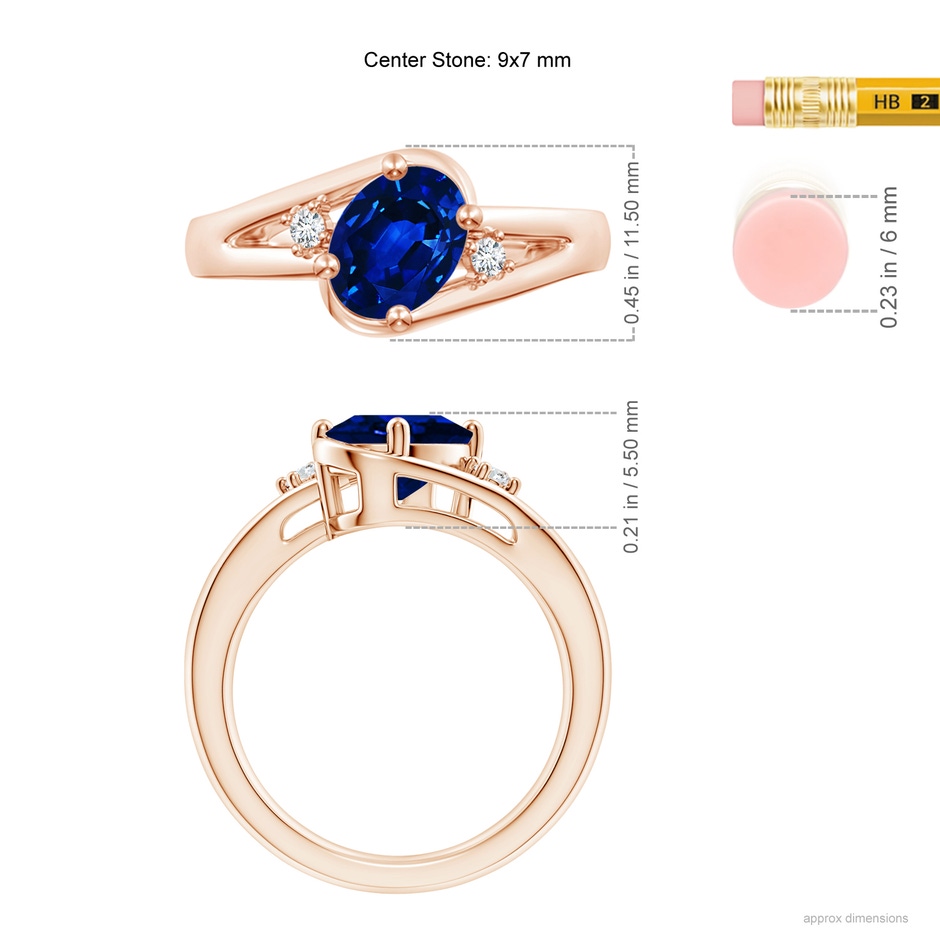 9x7mm AAAA Blue Sapphire and Diamond Split Shank Ring in Rose Gold ruler