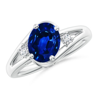 9x7mm AAAA Blue Sapphire and Diamond Split Shank Ring in White Gold