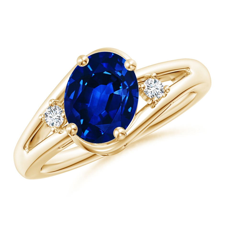 9x7mm AAAA Blue Sapphire and Diamond Split Shank Ring in Yellow Gold 