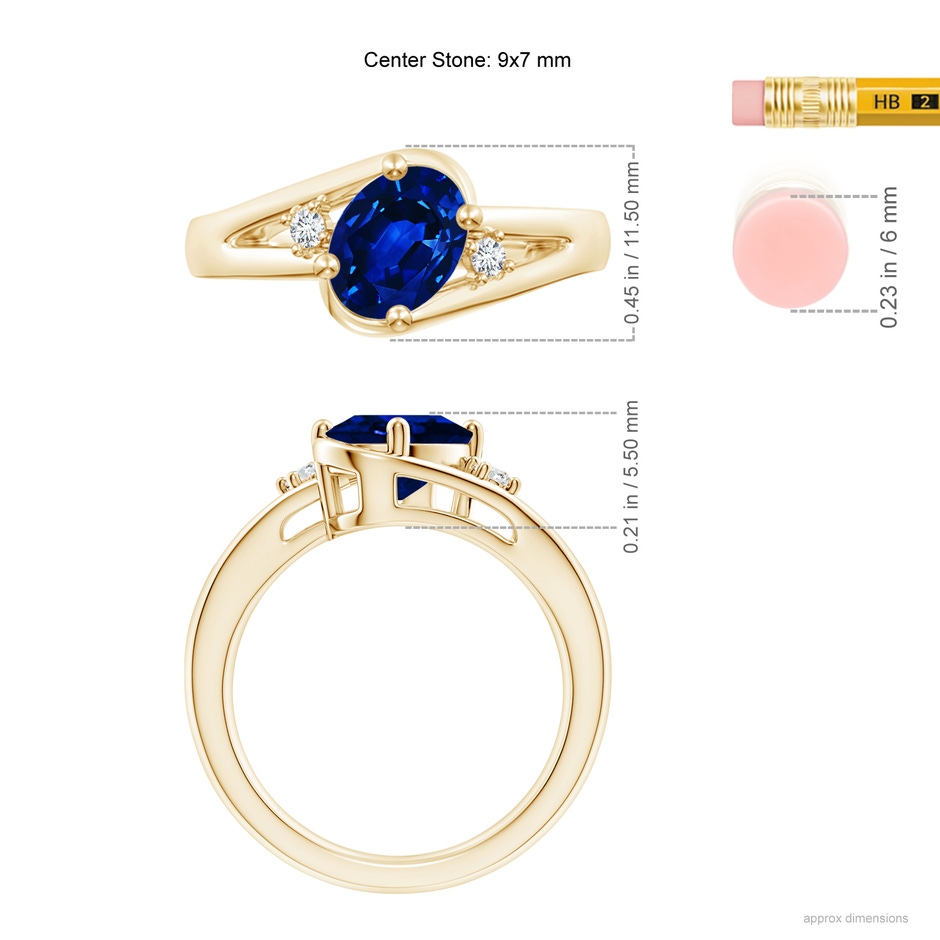 9x7mm AAAA Blue Sapphire and Diamond Split Shank Ring in Yellow Gold ruler