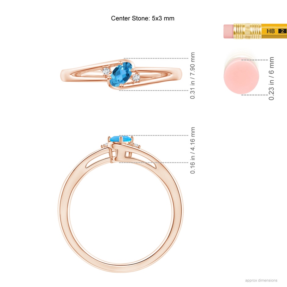 5x3mm AAA Swiss Blue Topaz and Diamond Split Shank Ring in Rose Gold ruler