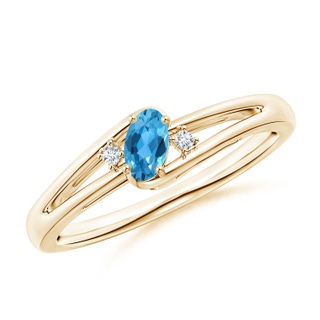 5x3mm AAA Swiss Blue Topaz and Diamond Split Shank Ring in Yellow Gold