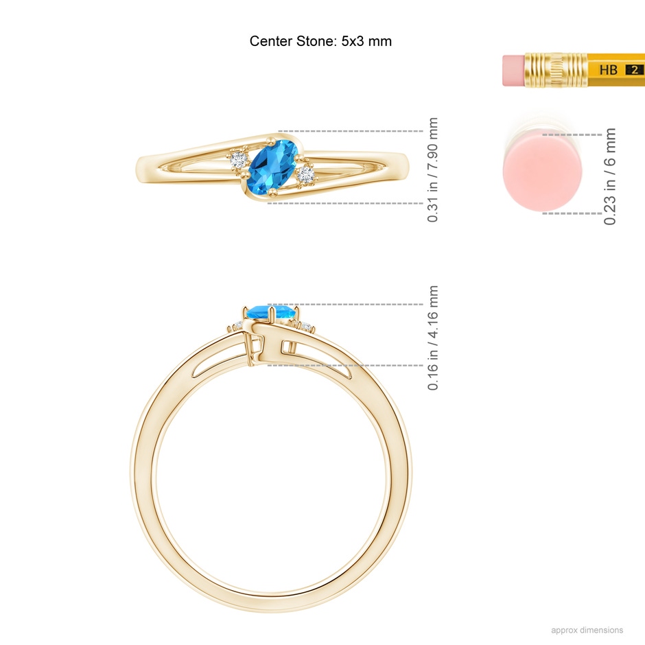 5x3mm AAAA Swiss Blue Topaz and Diamond Split Shank Ring in Yellow Gold ruler