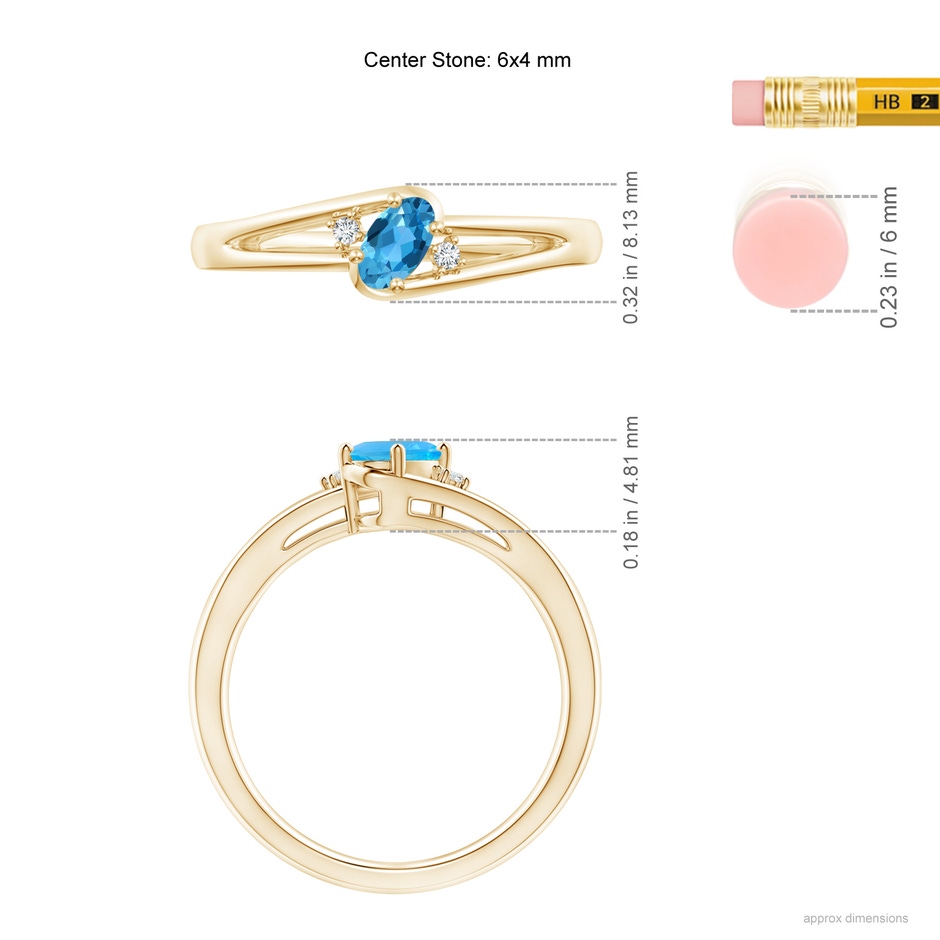 6x4mm AAA Swiss Blue Topaz and Diamond Split Shank Ring in Yellow Gold ruler