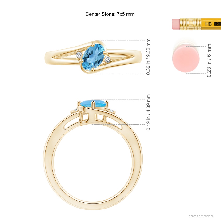 7x5mm AA Swiss Blue Topaz and Diamond Split Shank Ring in Yellow Gold ruler