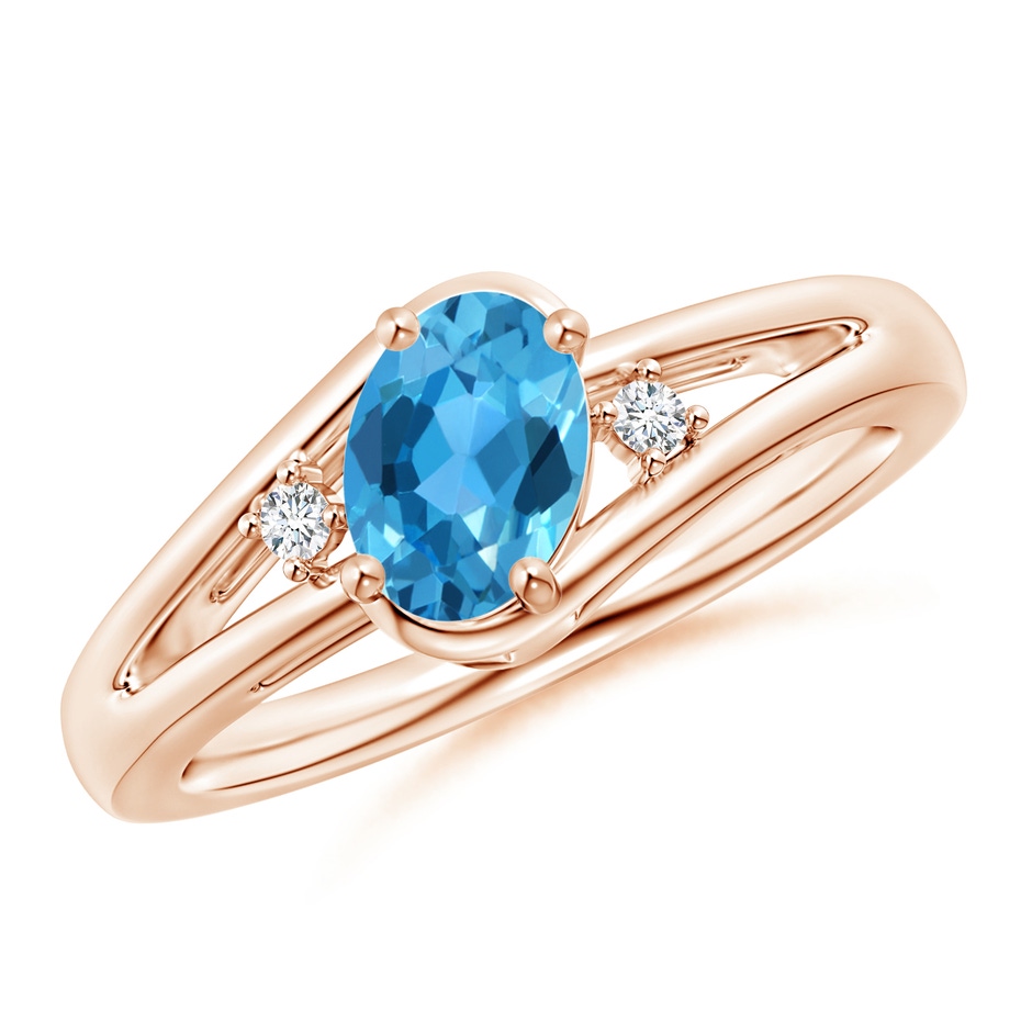 7x5mm AAA Swiss Blue Topaz and Diamond Split Shank Ring in Rose Gold 
